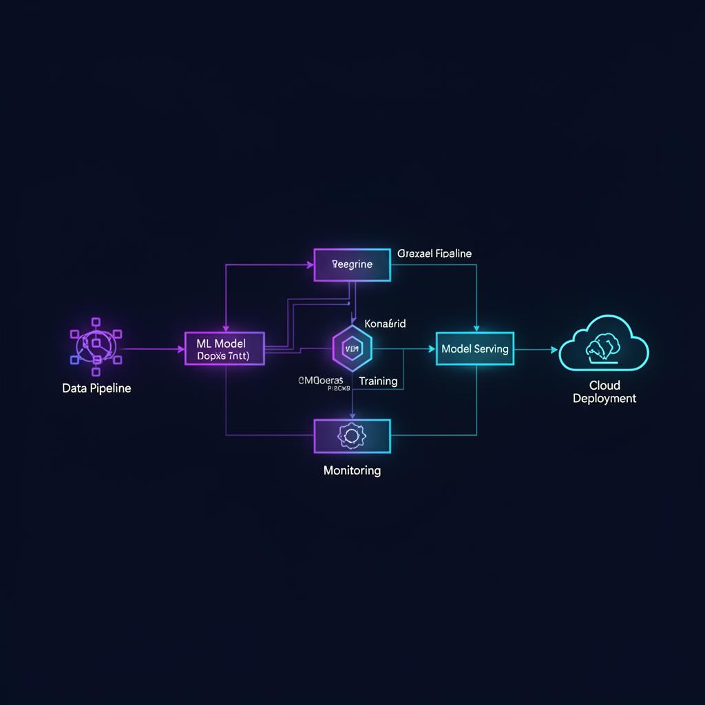 AI infrastructure architecture diagram showing data pipeline, ML model training, model serving, monitoring, and cloud deployment