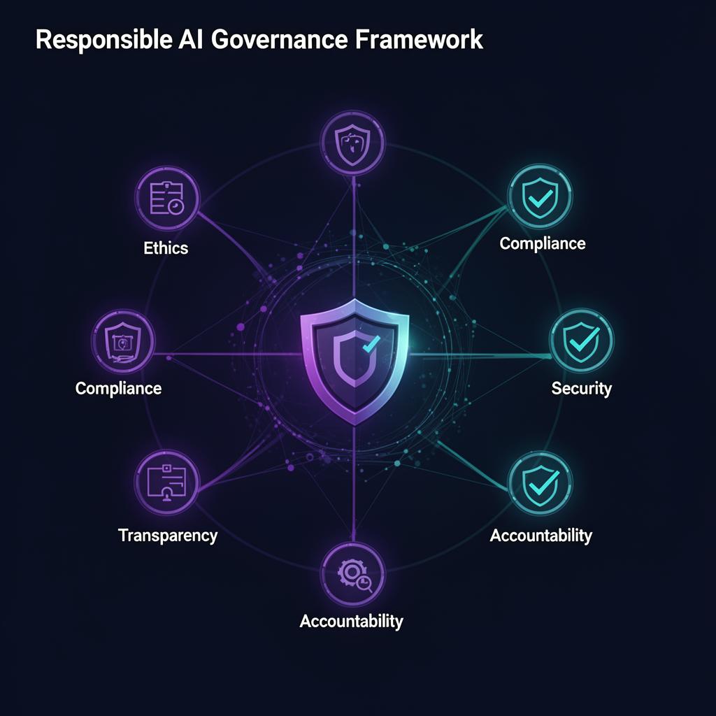 Responsible AI governance framework diagram showing ethics, compliance, security, transparency, and accountability pillars